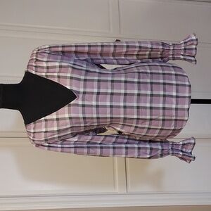 Banana Republic Peasant Blouse Lavender Boho Gray Plaid V Neck Size L